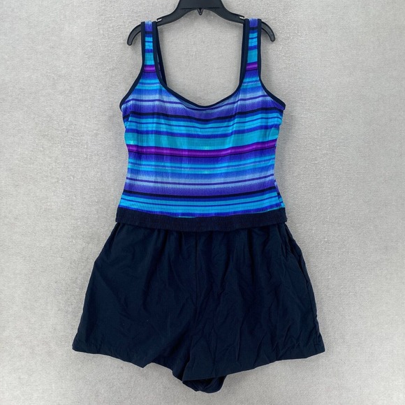 Orvis Swimsuit Womens 18L One Piece Blue Purple Shorts Tank Ribbed Modest - Picture 1 of 14
